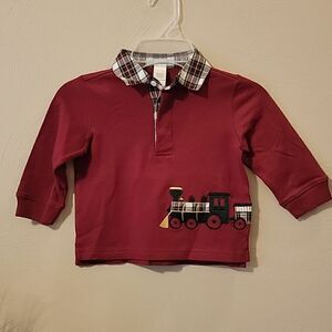 𝅺JANIE AND JACK RED LONG-SLEEVE POLO WITH TRAIN DESIGN AND TARTAN PLAID TRIM